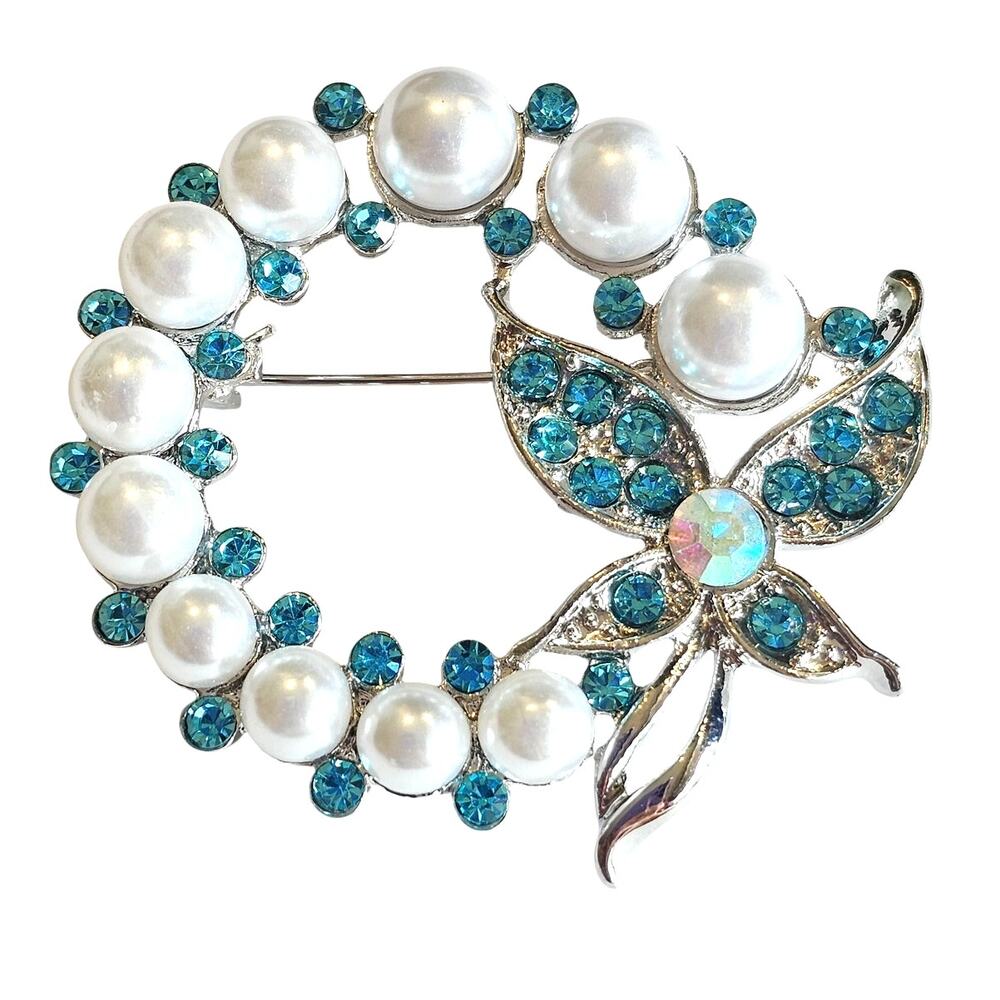 Blue Brooch Pin Faux Pearl Rhinestone Butterfly Silver Tone Wreath with Gift Box